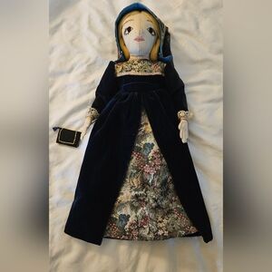 Vintage Velvet Prairie Doll Cottagecore Folk Art Cloth Doll Tapestry Dress Bonne